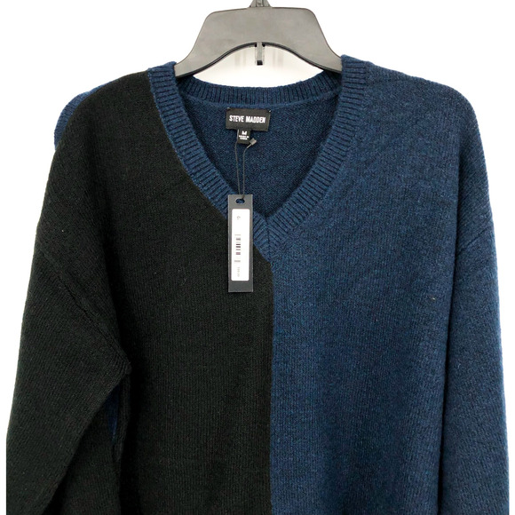 STEVE MADDEN Women's Colorblock V Neck Sweater Medium Blue/Black Long Sleeve NWT - Picture 3 of 7